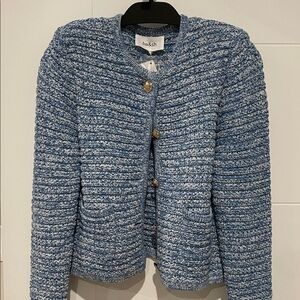ba&sh Two-Tone Blue Bouclé Jacket with Gold Buttons